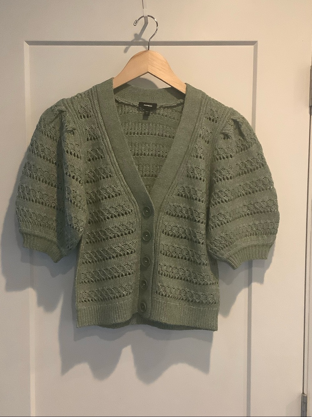 Express Sage Green Open-Knit Puff-Sleeve Button Cardigan